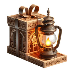 Islamic eid gift box design idea with lantern lamp  isolated on transparent background