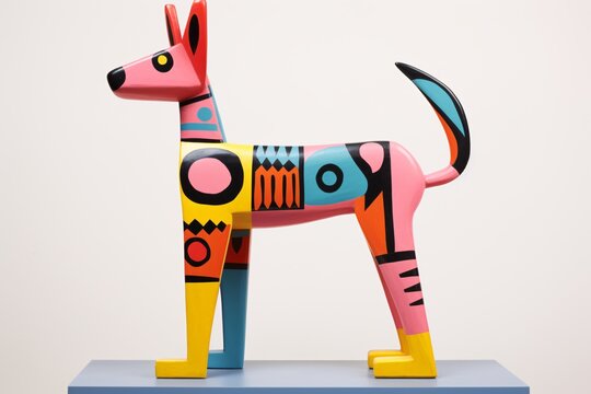 a colorful dog statue on a shelf