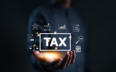 TAX concept. Man show TAX for individual income tax return form online for tax payment. government, state taxes. Data analysis, financial research, report. Calculation return. Value added Tax VAT,