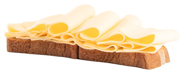 open sandwich two slices of wholemeal bread with several slices of mozzarella cheese folded on a transparent background at an angle
