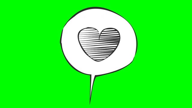 Appearance of a comic bubble in black and white with a beating heart on a green background, transparent background, with alpha channel and mask