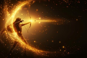 Abstract polygonal sagittarius zodiac sign in gold on black background, vector illustration.