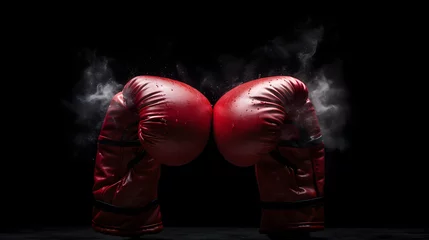Foto op Plexiglas Two red boxing gloves with smoke on black background © Andsx