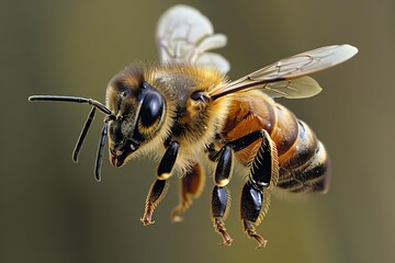 Detailed macro of a honeybee in flight Showcasing its pollination activity - obrazy, fototapety, plakaty