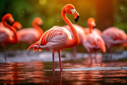 A group of flamingos in the water