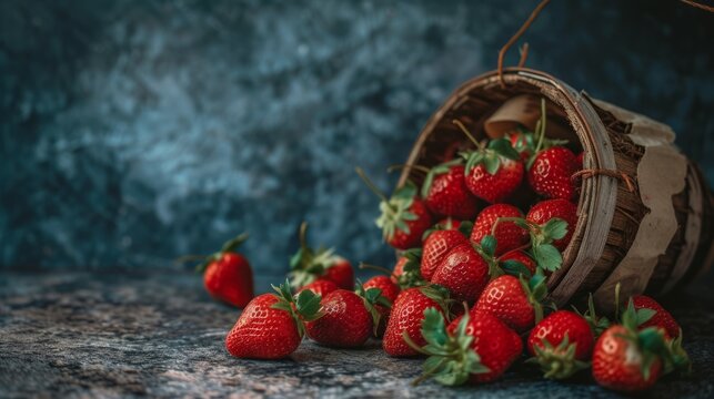 red strawberries that have been spilled from a small wooden basket onto a rustic surface. with copy space image.
