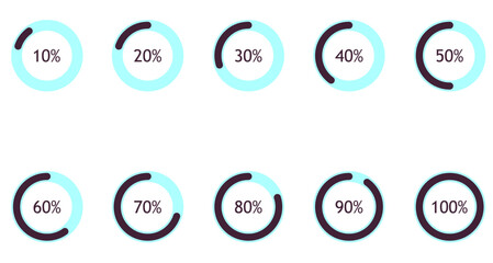 Loading indicator. Progress bar. Percentage meter. UI, User interface. Loading symbol. Download process. Circle icons set. Set of circle percentage diagrams. 