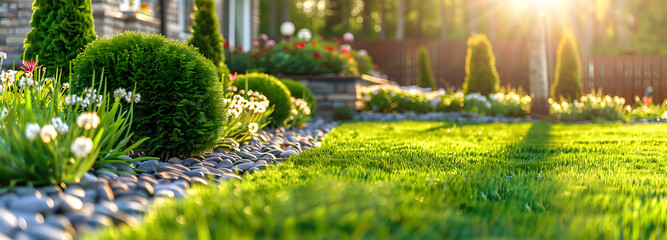 Perfect manicured lawn and flowerbed with shrubs in sunshine, on a backdrop of residential house backyard