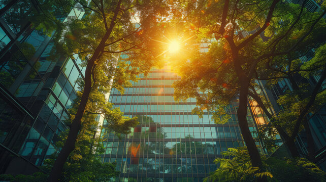 Eco-friendly building in the modern city. Sustainable glass office building with tree for reducing carbon dioxide,generative ai