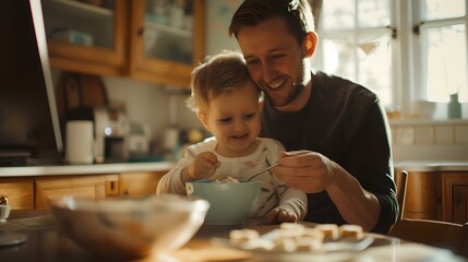 Affectionate dad teaching toddler to cook in a cozy kitchen. happy family moments captured. lifestyle photo. warm tones. AI
