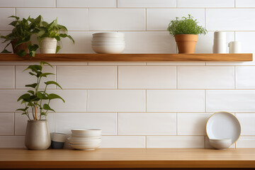 Tiled background and shelves with dishes. Different tableware backdrop. Dishes in cupboard in kitchen. Kitchenware. Kitchen interior