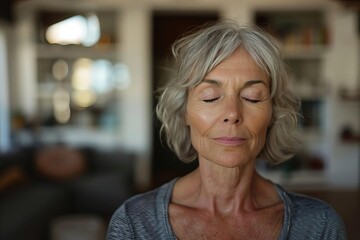 Mature woman in a tranquil home environment Practicing meditation with closed eyes Focusing on mental health Stress relief And promoting a lifestyle of mindfulness and wellbeing - obrazy, fototapety, plakaty