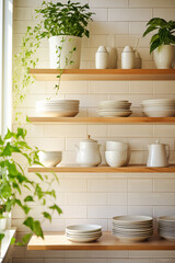 Fototapeta na wymiar Tiled background and shelves with dishes. Different tableware backdrop. Dishes in cupboard in kitchen. Kitchenware. Kitchen interior