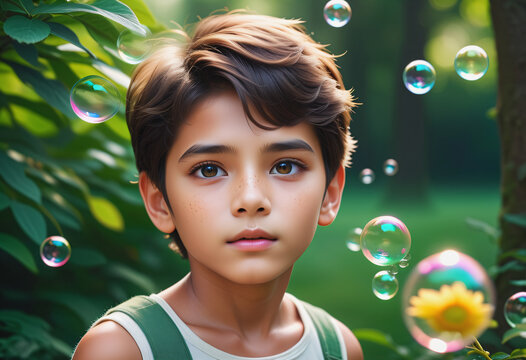 Boy playing with soap bubbles in the garden