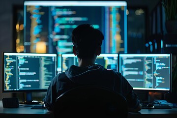 Programmer developing software. technology and coding on computer screens