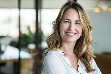 Fototapeta premium Radiant and joyful woman captured in a candid moment at the office Her genuine smile reflecting professional satisfaction and personal happiness