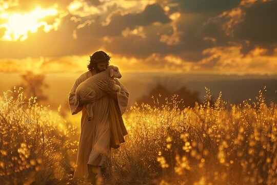 Representation of jesus christ's compassion Depicted as he runs through a field to embrace a stray lamb Symbolizing love and guidance