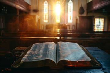 Sacred and mystical An open bible emits radiant light in a church setting Symbolizing divine revelation and spiritual enlightenment - obrazy, fototapety, plakaty