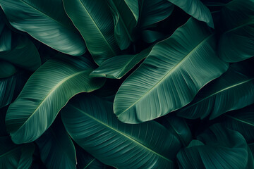 Abstract tropical banana leaves dark green full-frame background