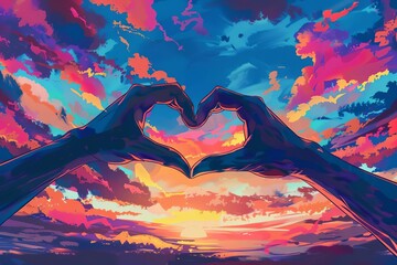 Two hands forming a heart shape against a vibrant sunset sky Conveying love Hope And connection