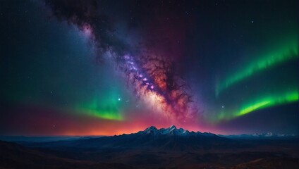 Fototapeta na wymiar Cosmic spectacle with vibrant colors, featuring galaxy and aurora in 4K.