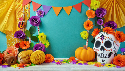paper craft background for seasonal holiday 'day of the dead' in Mexico. With skull motifs and decorations in vibrant colours (colours). Copy space illustration texture