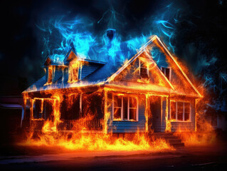 House Engulfed in Flames, Emitting Heavy Smoke