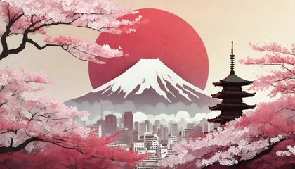 Poster Travel blog illustration of japanese travel attractions. Rising sun as red circle flag. Mount Fuji background and Japan art style. Sakura, Pagoda foreground with cityscape in middle. © andrew