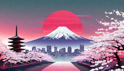 Synthwave 1980s travel blog illustration of japanese travel attractions. Rising sun as red circle flag. Mount Fuji background and Japan art style. Sakura, Pagoda foreground with cityscape in middle.