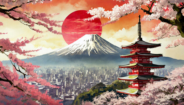 Travel blog Painting style illustration of japanese travel attractions. Rising sun as red circle flag. Mount Fuji background and Japan art style. Sakura, Pagoda foreground with cityscape in middle.
