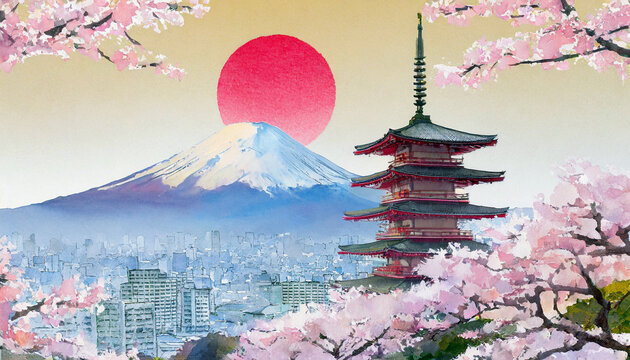 Travel blog Painting style illustration of japanese travel attractions. Rising sun as red circle flag. Mount Fuji background and Japan art style. Sakura, Pagoda foreground with cityscape in middle.