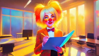 Colourful illustration of the office joker dressed as a clown, could depict happy workplace or toxic workplace depending on relationship with colleagues. Vibrant office environment and lifestyle