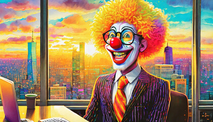 Colourful illustration of the office joker dressed as a clown, could depict happy workplace or toxic workplace depending on relationship with colleagues. Vibrant office environment and lifestyle - obrazy, fototapety, plakaty