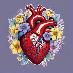 Anatomically realistic human heart with yellow and blue flowers around it on pale violet background.