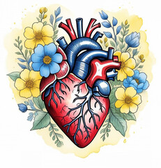 Anatomically realistic human heart with yellow and blue flowers around it on white background.