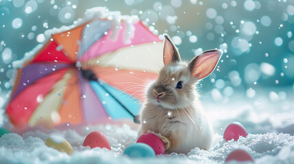 Easter bunny and pastel colored eggs with cocktail umbrellas and googles on the beach by the ocean - obrazy, fototapety, plakaty
