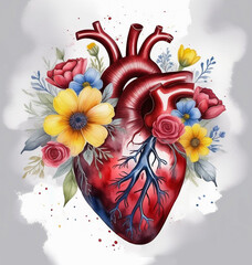 Anatomically realistic human heart with yellow and blue flowers around it on watercolor gray background.	