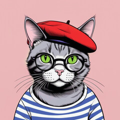 Funny grey cat's portrait in a red beret, black-rimmed glasses and a white and blue striped t-shirt on pale pink background.