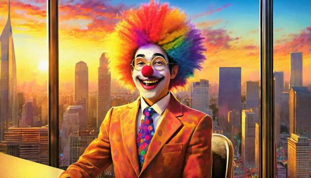 Colourful illustration of the office joker dressed as a clown, could depict happy workplace or toxic workplace depending on relationship with colleagues. Vibrant office environment and lifestyle