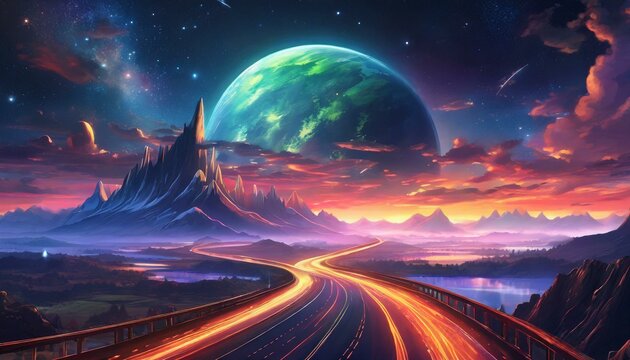 Otherworldly sci-fi illustration of landscape photography with neon colours at night. Traffic light trails on motorway with mountain and sunset. Planet and stars in sky - Powered by Adobe