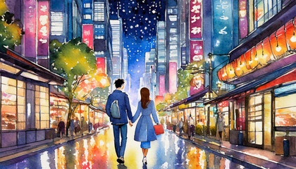A romantic couple on holiday walk away while holding hands centrally in a popular tourist city at night with bright lights, vibrant colours, stars and destinations in background. Leading lines. Japan - obrazy, fototapety, plakaty