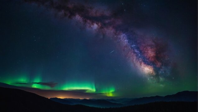 Enchanting 4K wallpaper featuring a fantasy night sky, galaxy, and aurora.