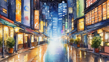 Watercolor painting illustration of a japanese cityscape at night with leading lines, modern and traditional elements with neon colours and signs