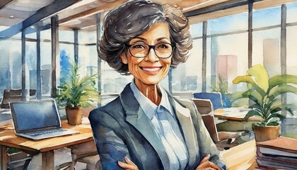 An elderly white lady wearing glasses smiles at the camera in an office environment. Dressed professionally in a suit shirt and blazer. Corporate business executive watercolor illustration