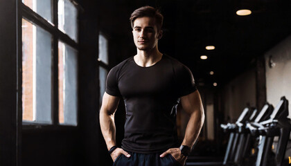 Fototapeta na wymiar A physically fit beautiful man stands centrally looking at camera with arms to the side. Wearing black with athletic muscles and perfect body image. Dark mood lighting with gym backdrop. Brown hair