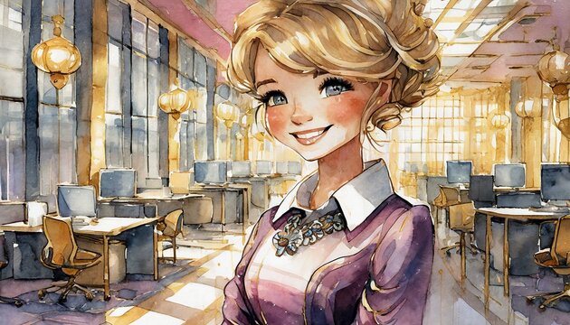 Watercolor illustration of happy office life: A teenager in pink dress is in an elegant luxury expensive office. Role could be intern, apprenticeship, graduate or junior position. Blonde hair, smiling