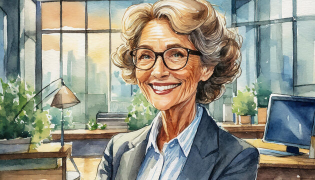 An Elderly White Lady Wearing Glasses Smiles At The Camera In An Office Environment. Dressed Professionally In A Suit Shirt And Blazer. Corporate Business Executive Watercolor Illustration