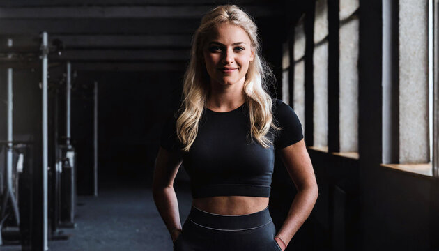 A physically fit beautiful woman stands centrally looking at camera with arms to the side. Wearing black with athletic muscles and perfect body image. Dark mood lighting with gym backdrop. Blonde
