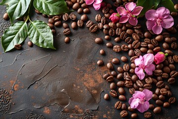 Coffee beans and flower petals framed on a abstract background