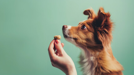 A beautiful red young dog or puppy is given a treat for exercise. Portrait, close up. Dog training concept on light green background with space for text - obrazy, fototapety, plakaty